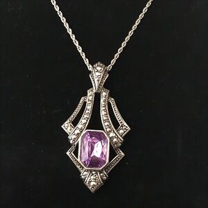 Avon Faux Amethyst Marcasite L'avalier Pendant Necklace